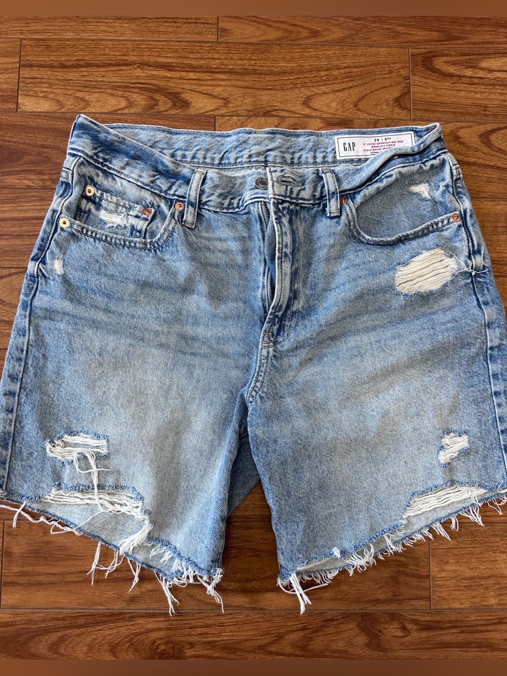 GAP Light Blue Distressed Denim Shorts (loose, mid rise)